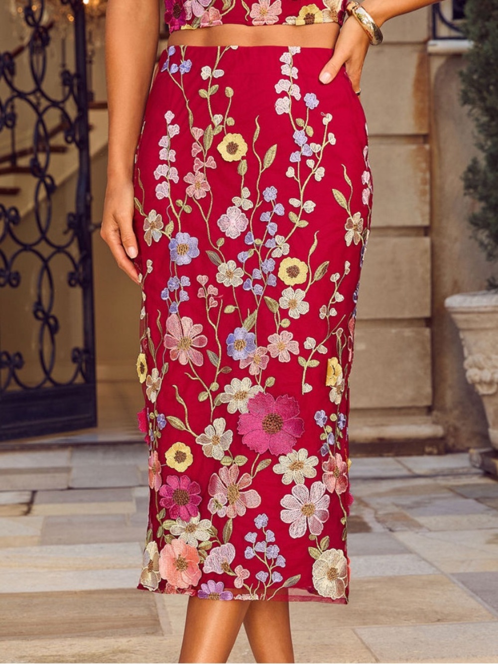 Vici Burgundy Embroidered Floral Midi Skirt
